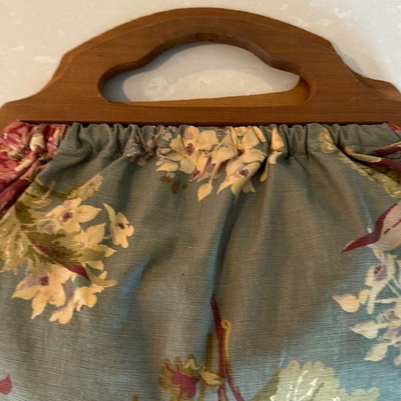 Vintage 50’s Barkcloth Seafoam Multi Floral Wooden Handle Bag - Picture 2 of 11